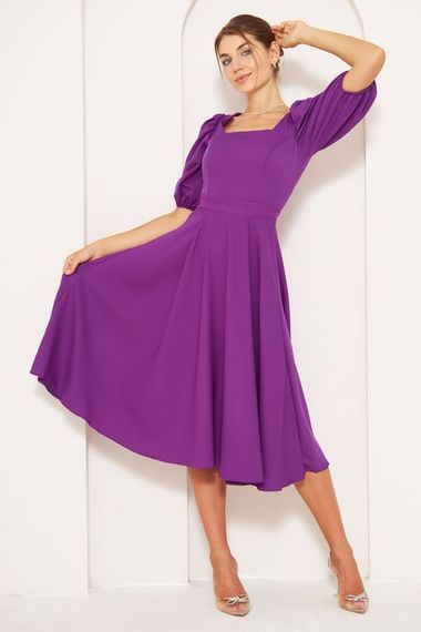 Square Neck Short Balloon Sleeves Elastic Woven Flowy Fabric Midi Dress - Purple - photo 1