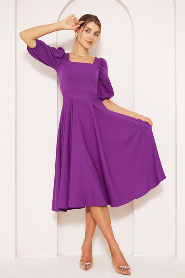 Square Neck Short Balloon Sleeves Elastic Woven Flowy Fabric Midi Dress - Purple - photo 2