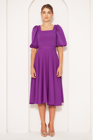 Square Neck Short Balloon Sleeves Elastic Woven Flowy Fabric Midi Dress - Purple - photo 3