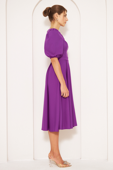 Square Neck Short Balloon Sleeves Elastic Woven Flowy Fabric Midi Dress - Purple - photo 4