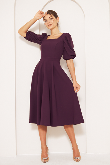 Square Neck Short Balloon Sleeves Elastic Woven Flowy Fabric Midi Dress - Plum - photo 1