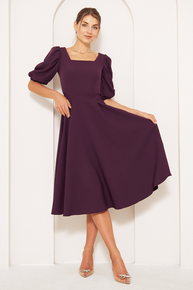 Square Neck Short Balloon Sleeves Elastic Woven Flowy Fabric Midi Dress - Plum - photo 3