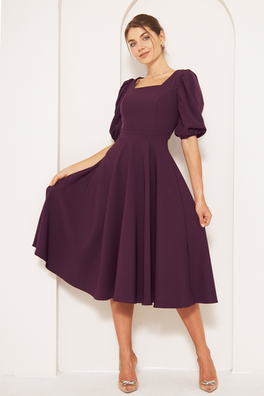 Square Neck Short Balloon Sleeves Elastic Woven Flowy Fabric Midi Dress - Plum - photo 2