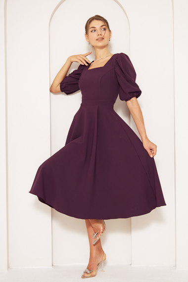 Square Neck Short Balloon Sleeves Elastic Woven Flowy Fabric Midi Dress - Plum - photo 5