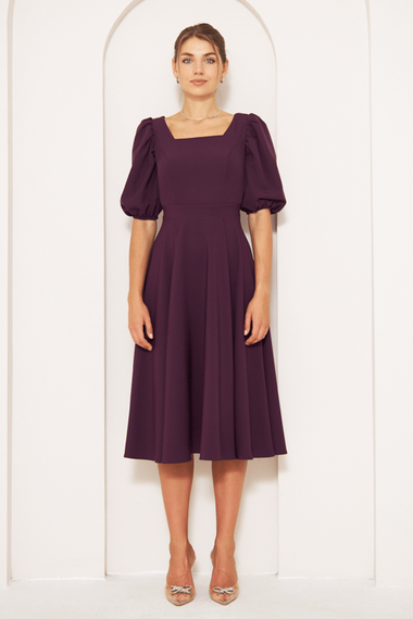 Square Neck Short Balloon Sleeves Elastic Woven Flowy Fabric Midi Dress - Plum - photo 4