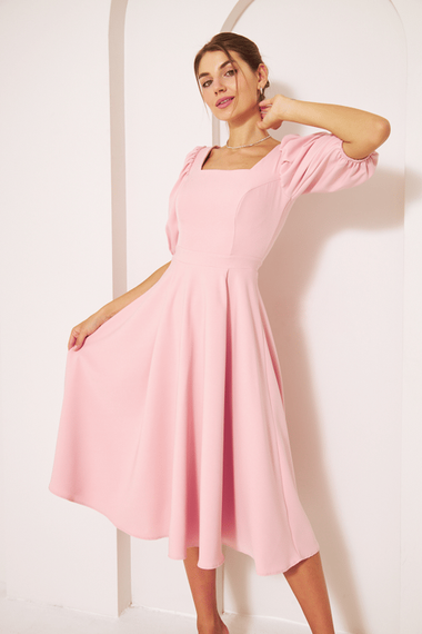 Square Neck Short Balloon Sleeves Elastic Woven Flowy Fabric Midi Dress - Powder - photo 3