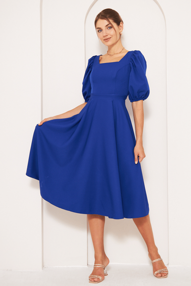 Square Neck Short Balloon Sleeves Elastic Woven Flowy Fabric Midi Dress - Royal Blue - photo 1