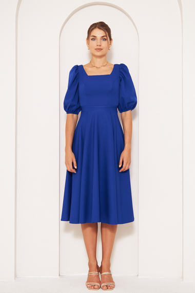 Square Neck Short Balloon Sleeves Elastic Woven Flowy Fabric Midi Dress - Royal Blue - photo 2