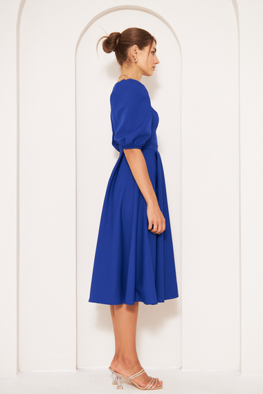 Square Neck Short Balloon Sleeves Elastic Woven Flowy Fabric Midi Dress - Royal Blue - photo 3