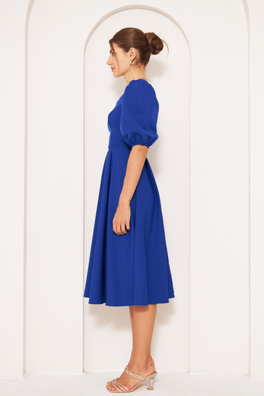 Square Neck Short Balloon Sleeves Elastic Woven Flowy Fabric Midi Dress - Royal Blue - photo 4