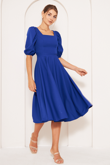 Square Neck Short Balloon Sleeves Elastic Woven Flowy Fabric Midi Dress - Royal Blue - photo 5