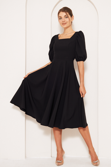 Square Neck Short Balloon Sleeves Elastic Woven Flowy Fabric Midi Dress - Black - photo 1