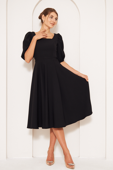 Square Neck Short Balloon Sleeves Elastic Woven Flowy Fabric Midi Dress - Black - photo 4