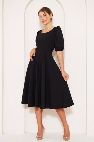 Square Neck Short Balloon Sleeves Elastic Woven Flowy Fabric Midi Dress - Black - photo 3