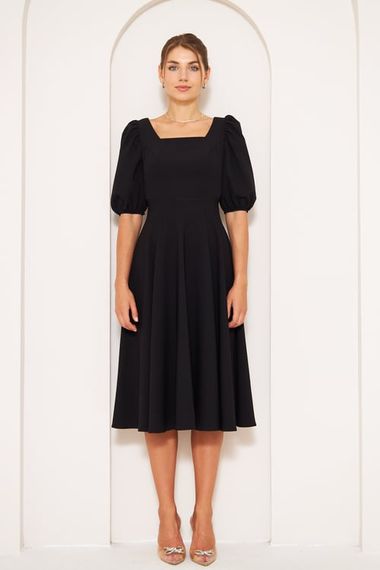 Square Neck Short Balloon Sleeves Elastic Woven Flowy Fabric Midi Dress - Black - photo 2