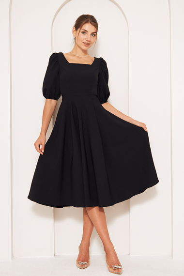 Square Neck Short Balloon Sleeves Elastic Woven Flowy Fabric Midi Dress - Black - photo 5