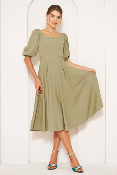 Square Neck Short Balloon Sleeves Elastic Woven Flowy Fabric Midi Dress - Oil Green - photo 1