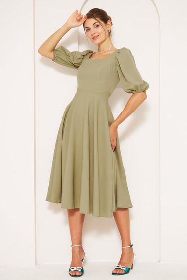 Square Neck Short Balloon Sleeves Elastic Woven Flowy Fabric Midi Dress - Oil Green - photo 2