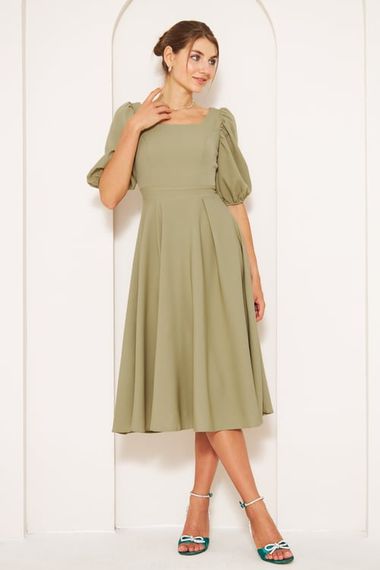 Square Neck Short Balloon Sleeves Elastic Woven Flowy Fabric Midi Dress - Oil Green - photo 3