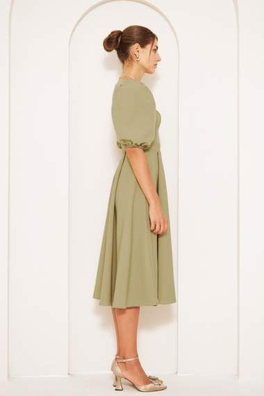 Square Neck Short Balloon Sleeves Elastic Woven Flowy Fabric Midi Dress - Oil Green - photo 5