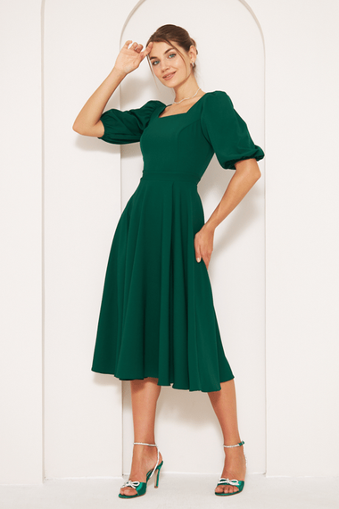 Square Neck Short Balloon Sleeves Elastic Woven Flowy Fabric Midi Dress - Emerald - photo 1