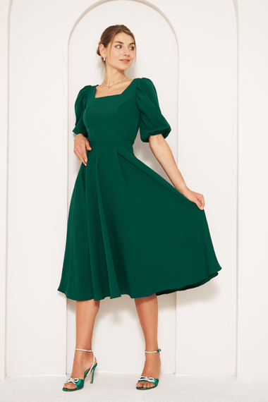 Square Neck Short Balloon Sleeves Elastic Woven Flowy Fabric Midi Dress - Emerald - photo 2