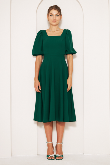 Square Neck Short Balloon Sleeves Elastic Woven Flowy Fabric Midi Dress - Emerald - photo 3