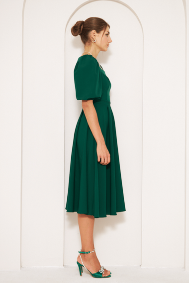 Square Neck Short Balloon Sleeves Elastic Woven Flowy Fabric Midi Dress - Emerald - photo 4