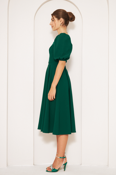 Square Neck Short Balloon Sleeves Elastic Woven Flowy Fabric Midi Dress - Emerald - photo 5