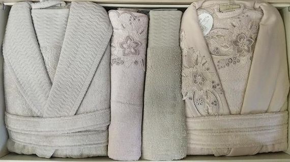 Комплект халатів PUPİLLA з бамбуковою ванетою, пудрового кольору, з лляної тканини