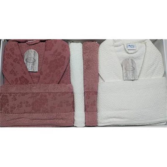 Комплект банних халатів ŞIKEL, жакардовий, бавовняний, білий з червоним