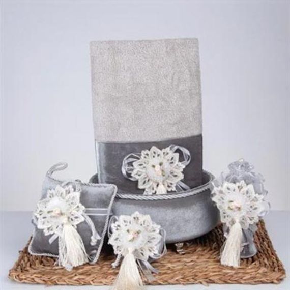 Набор из 5 предметов: красивый серый корзина для полотенец, мыло, бутылка и лаванда в подарочной упаковке - фото 1