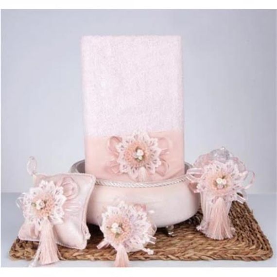 Sweet Havlu Sepet,Süslü Sabun + Şişe + Lavanta Hediyelik Kutulu 5 Parça Set Pudra - fotoğraf 1