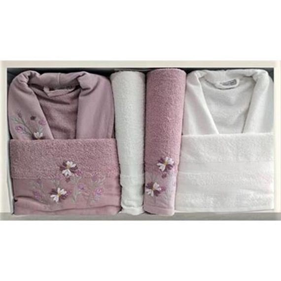 Cotton Life Aile Bornoz Seti Branch 6 Parça Mürdüm-Krem - fotoğraf 2