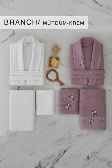 Cotton Life Aile Bornoz Seti Branch 6 Parça Mürdüm-Krem - fotoğraf 1