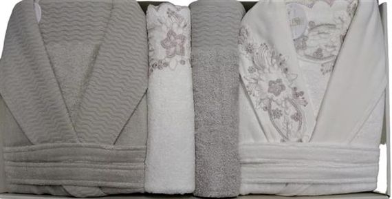 Набор халатов Pupilla Aile из бамбука Vanetta, экрю-серый, мягкий и удобный, идеален для всей семьи