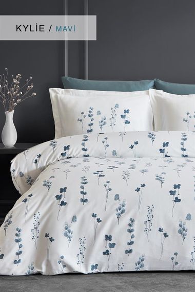 Комплект постільної білизни "İyi Geceler İstanbul" з бавовняного сатину для двоспального ліжка Kylie, колір блакитний - фото 1