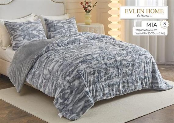 Evren Çift Kişilik Kürk Yorgan Seti Mia Antrasit