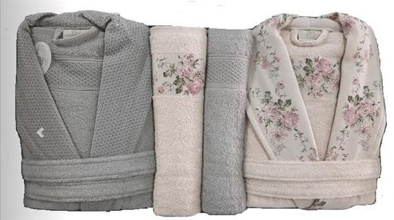 Комплект з 6 предметів банних халатів Pupilla з бамбука у пудровому та сірому кольорах, високий рівень вбирання та м'якості