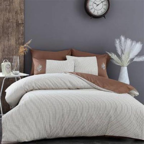 Комплект постільної білизни Nazik Home з 100% бавовняного сатину Loris, подвоєний, коричневий з елегантною вишивкою та стильним дизайном