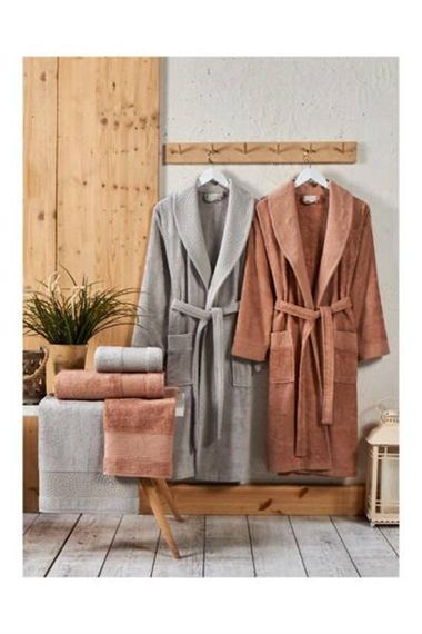Набір халатів Şıkel з жакарду бамбуковий сірий-персиковий, 2 халати та 4 рушники, м'який та вбираючий, 6 частин