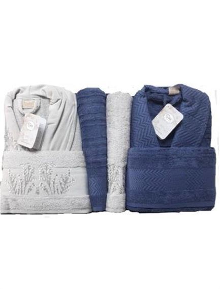 Комплект халатів Şıkel Aile: сірий-темно-синій, бавовна, 2 халати, 2 рушники 70*140 см, 2 рушники 50*90 см, м'який та поглинаючий