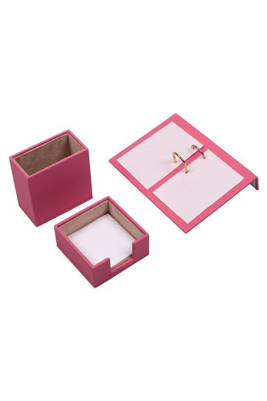 Leather 3 Piece Desktop Set Pink - Calendar Holder, Pen Holder and Note Holder