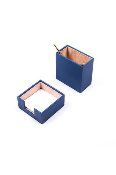 Leather 2 Piece Desktop Set Blue Pen Holder and Notepad