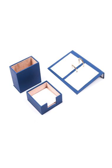 Leather 3 Piece Desktop Set Blue - Calendar Holder, Pen Holder and Note Holder