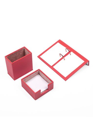 Leather 3 Piece Desktop Set Red - Calendar Holder, Pen Holder and Note Holder