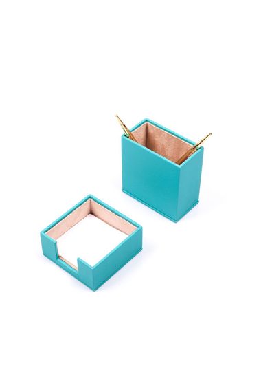 Leather 2 Piece Desktop Set Turquoise Pen Holder and Notepad