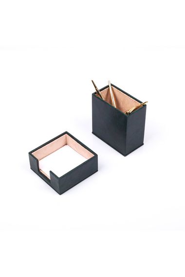 Leather 2 Piece Desktop Set Green Pen Holder and Notepad