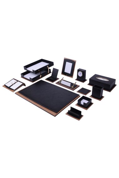 Сверхлюксова чорна шкіряна канцелярська комплектація Star Premium, 14 предметів, з двома поличками для документів та ім'я-дарунком - фото 1