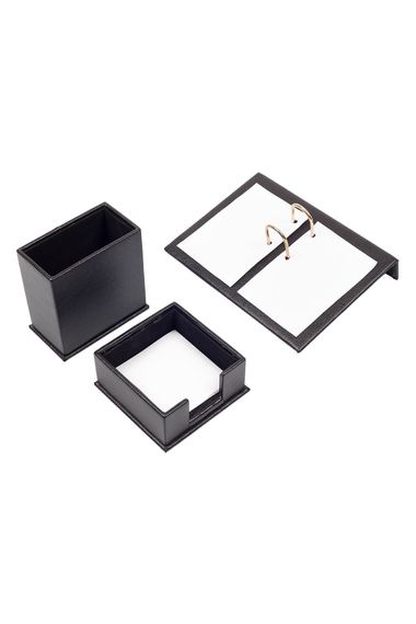 Leather 3 Piece Desktop Set Black - Calendar Holder, Pen Holder and Note Holder